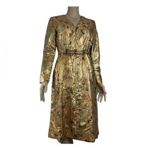 Vintage Hollywood metallic gold midi dress 3/4 sleeve split hem